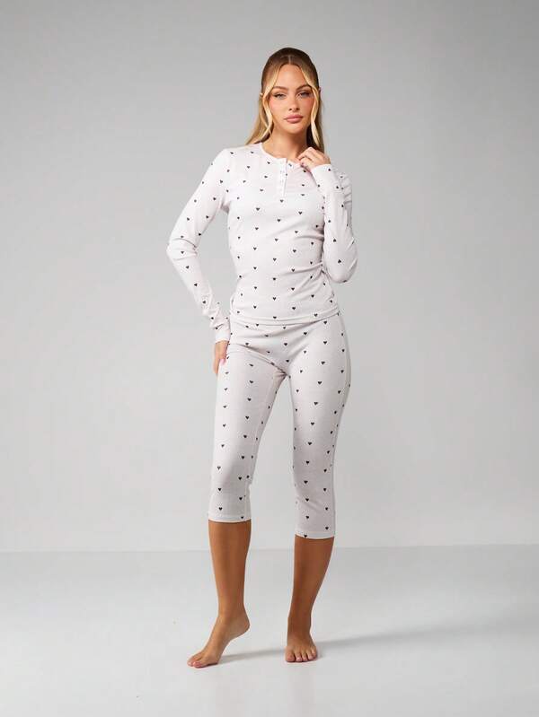 MISSGUIDED Christmas Button Through Heart Print Lounge Set
