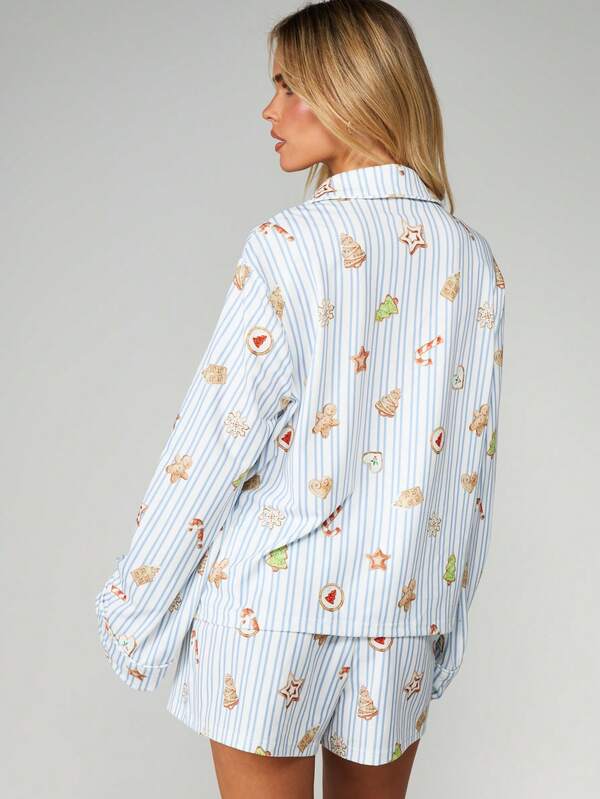 MISSGUIDED Christmas Cookie Print Pajama Set With Button Up Top