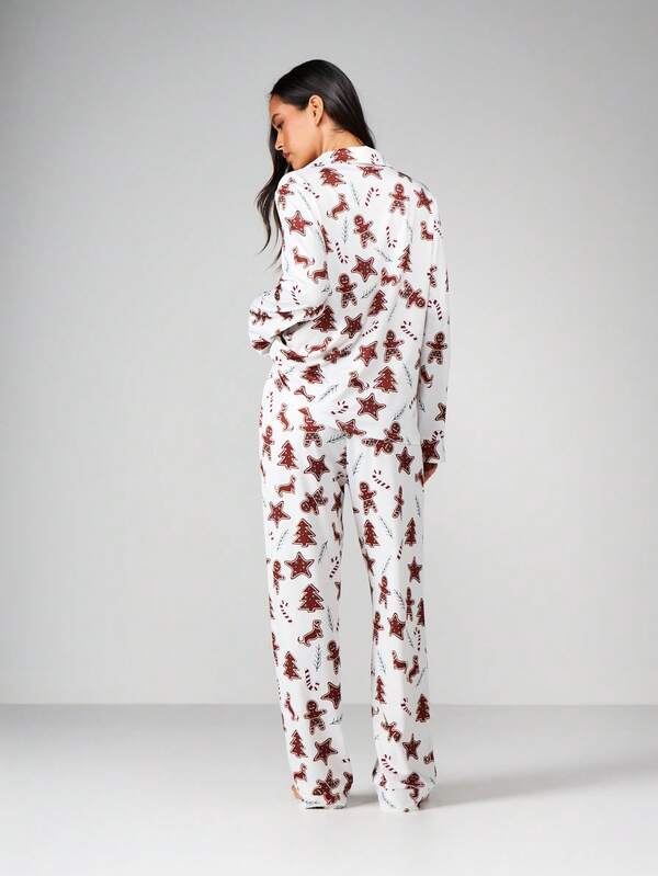 MISSGUIDED Christmas Cookie Print Pajama Set With Button Front