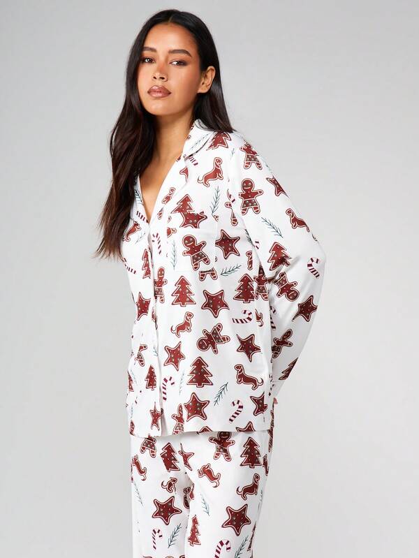 MISSGUIDED Christmas Cookie Print Pajama Set With Button Front
