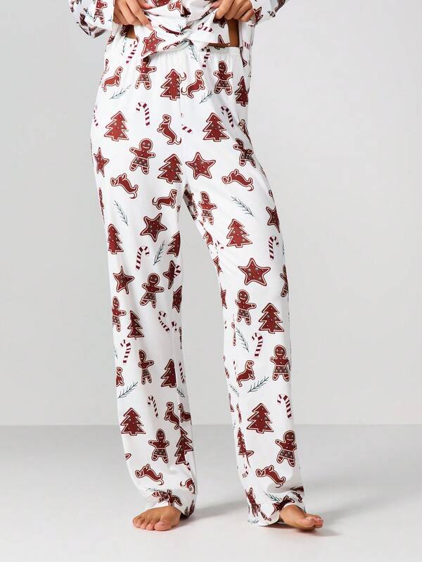 MISSGUIDED Christmas Cookie Print Pajama Set With Button Front
