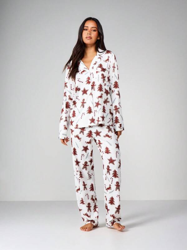 MISSGUIDED Christmas Cookie Print Pajama Set With Button Front