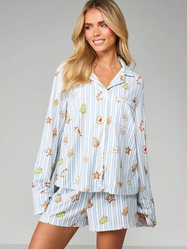 MISSGUIDED Christmas Cookie Print Pajama Set With Button Up Top
