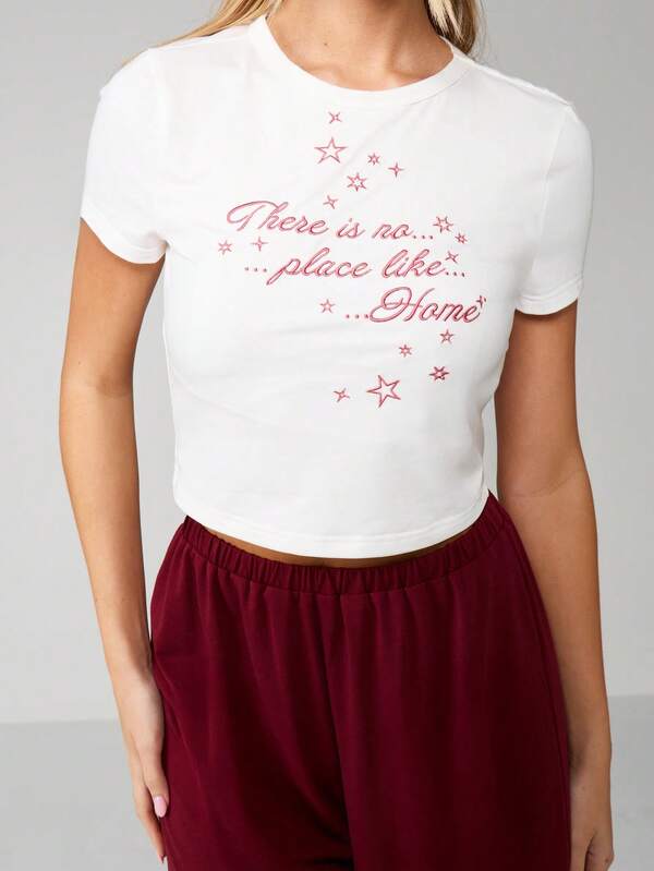 MISSGUIDED Christmas Embroidered Star Pajama Set With Wide Leg Pants