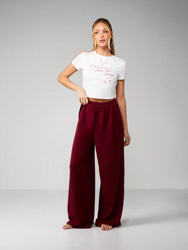 MISSGUIDED Christmas Embroidered Star Pajama Set With Wide Leg Pants