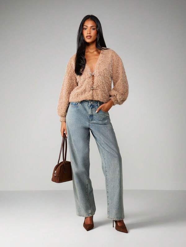 MISSGUIDED Christmas Fluffy Knit Cardigan With Hook Closure