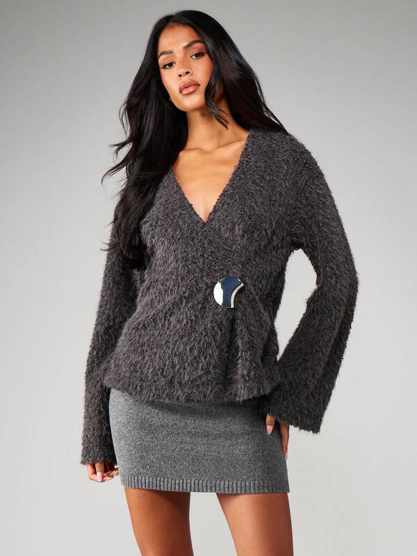 MISSGUIDED Christmas Fuzzy Wrap Cardigan With Pin