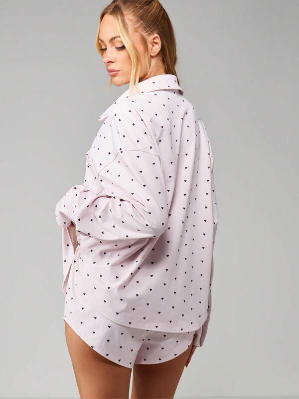 MISSGUIDED Christmas Heart Print Button Shirt And Shorts Set