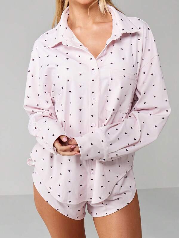 MISSGUIDED Christmas Heart Print Button Shirt And Shorts Set