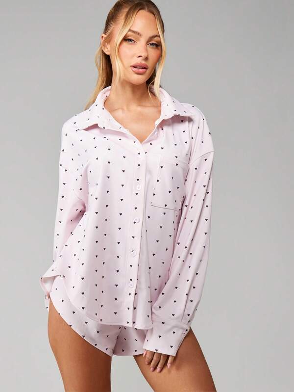 MISSGUIDED Christmas Heart Print Button Shirt And Shorts Set