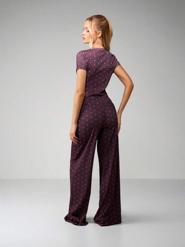 MISSGUIDED Christmas Heart Print Ribbed Lounge Set With Wide Leg Pants
