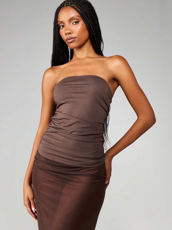MISSGUIDED Christmas Longline Bandeau With Mesh Maxi Skirt Set