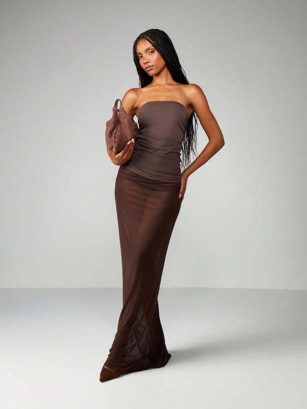MISSGUIDED Christmas Longline Bandeau With Mesh Maxi Skirt Set