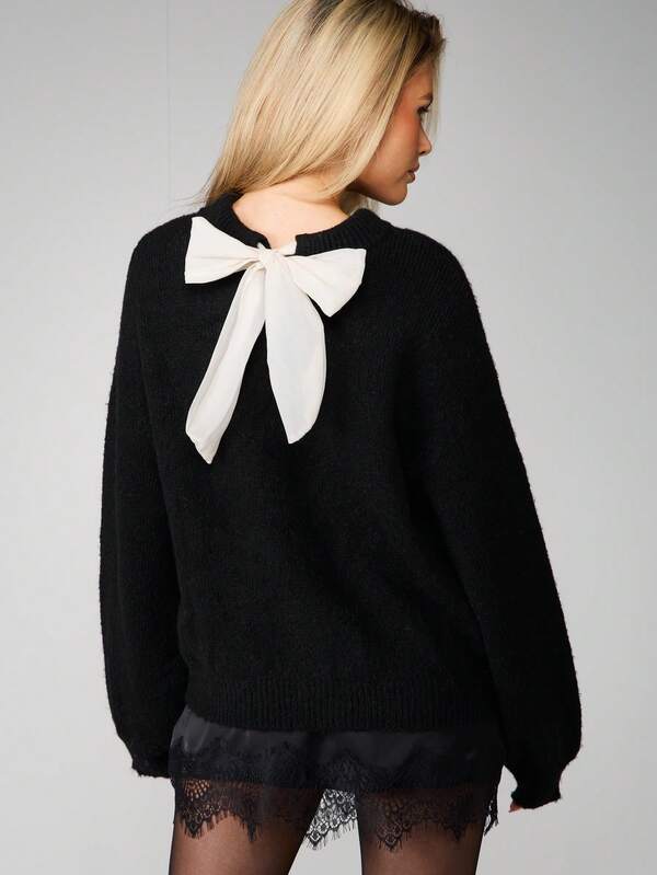 MISSGUIDED Christmas Oversized Knit Sweater With Chiffon Bow