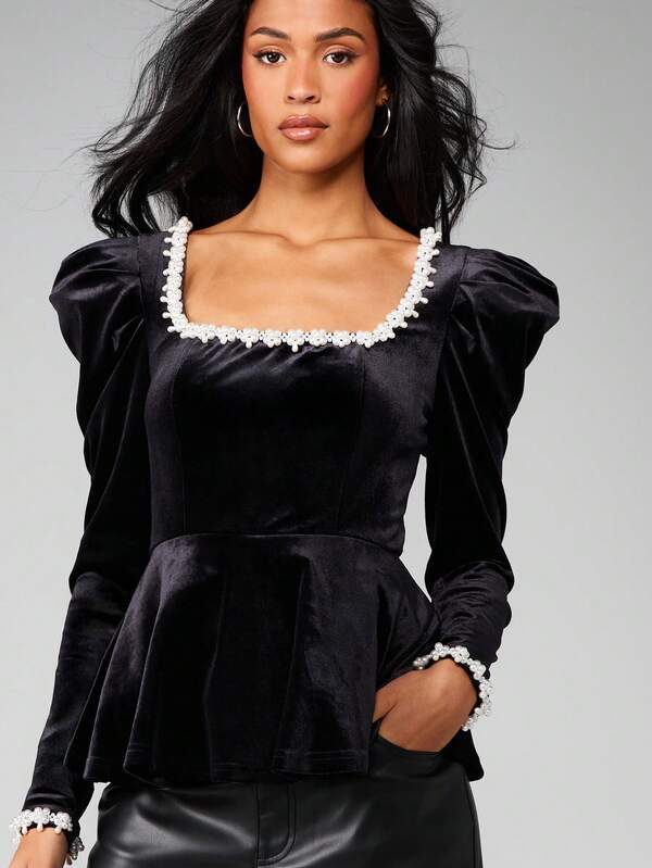 MISSGUIDED Christmas Peplum Velvet Top With Lace Trim