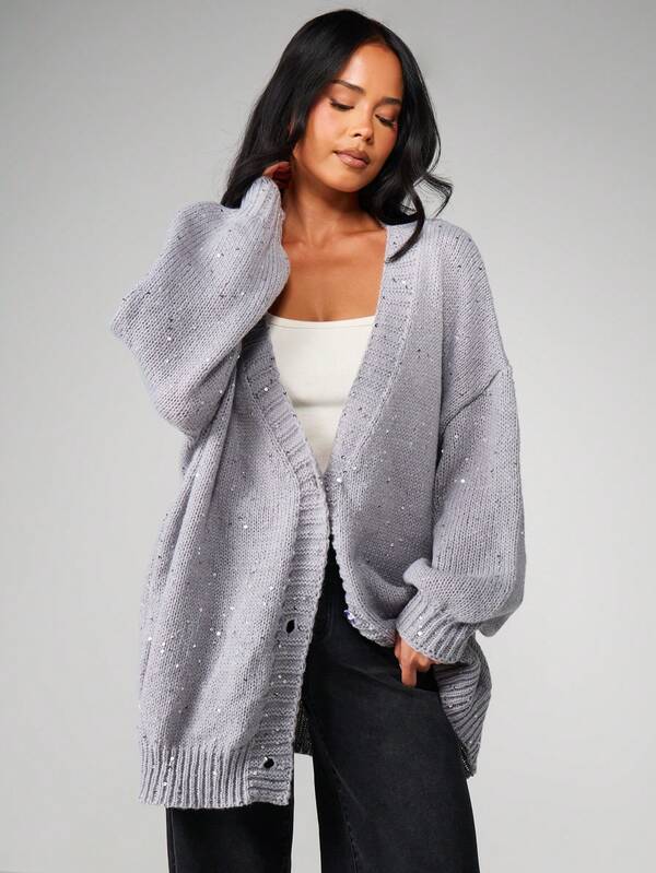 MISSGUIDED Christmas Plunge Neck Oversized Cardigan With Sequin Details