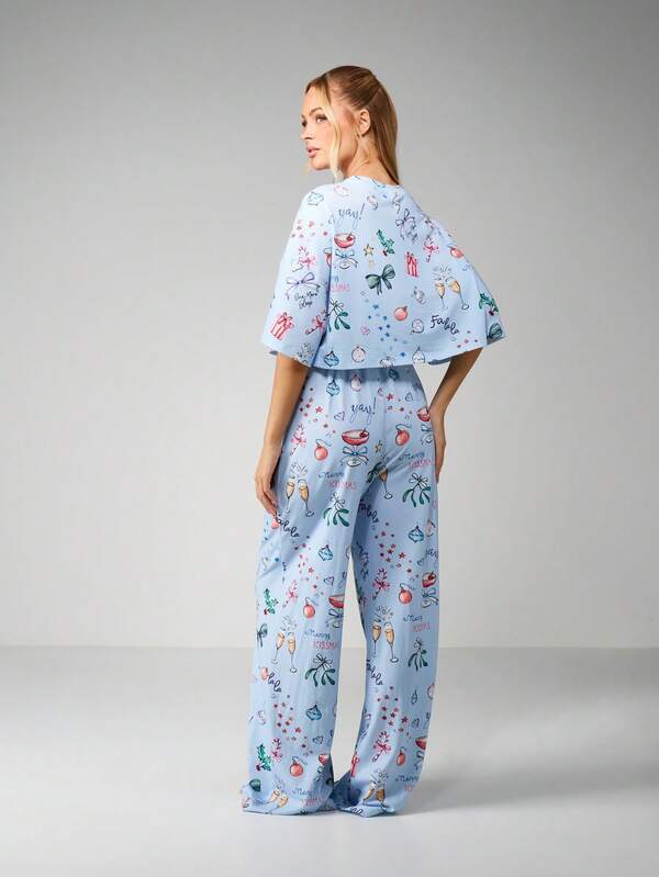 MISSGUIDED Christmas Print Crop Top With Wide Leg Pants