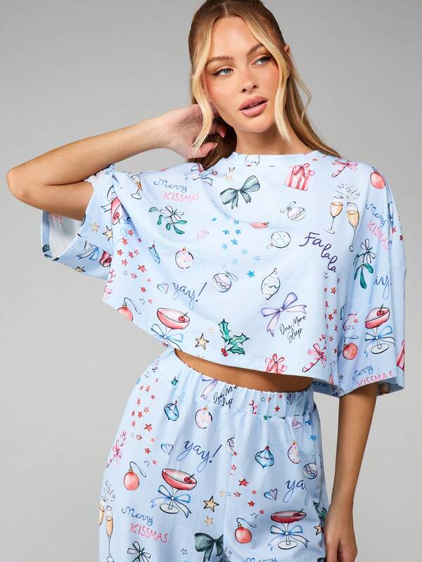 MISSGUIDED Christmas Print Crop Top With Wide Leg Pants