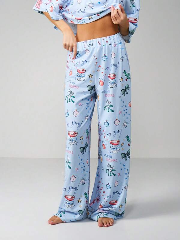 MISSGUIDED Christmas Print Crop Top With Wide Leg Pants