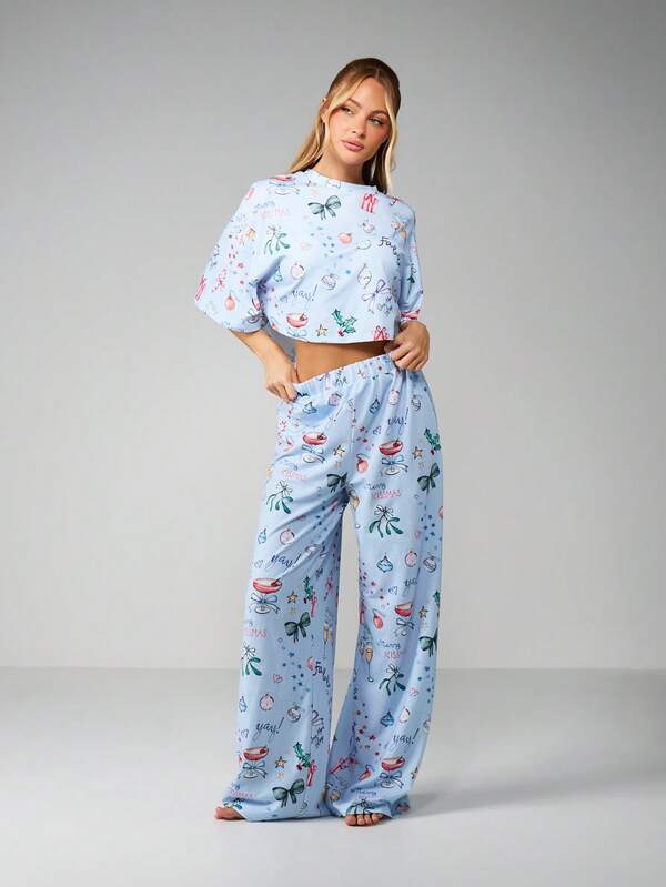 MISSGUIDED Christmas Print Crop Top With Wide Leg Pants