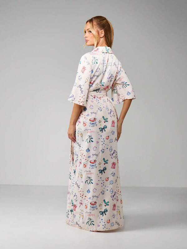 MISSGUIDED Christmas Print Kimono Style Robe With Tie Belt