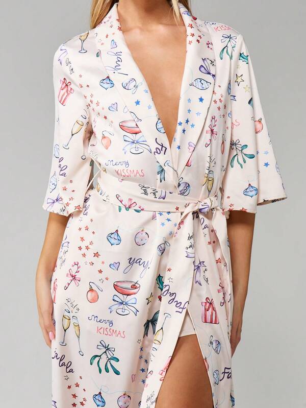 MISSGUIDED Christmas Print Kimono Style Robe With Tie Belt