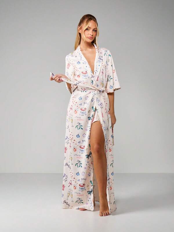 MISSGUIDED Christmas Print Kimono Style Robe With Tie Belt