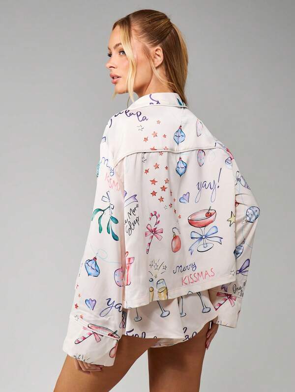 MISSGUIDED Christmas Print Pajama Set With Bows