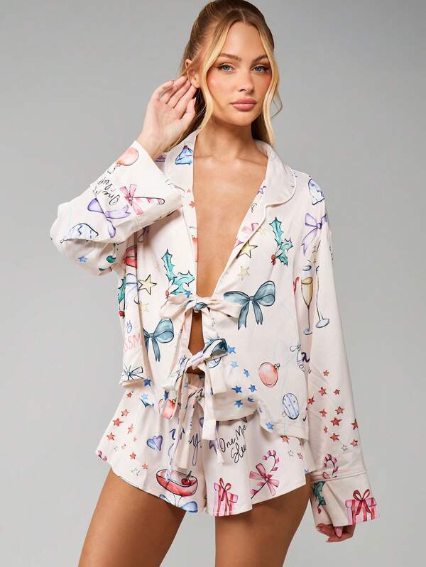 MISSGUIDED Christmas Print Pajama Set With Bows