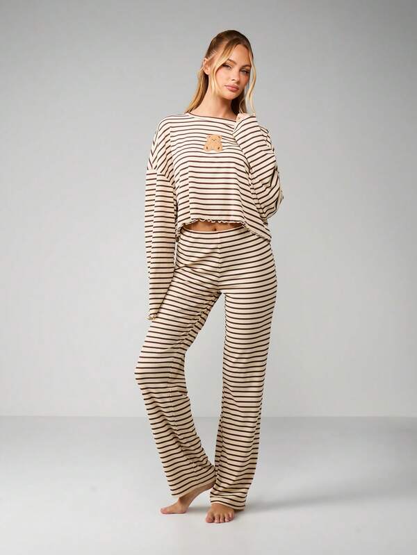 MISSGUIDED Christmas Ribbed Stripe Lounge Set With Teddy Bear Embroidery