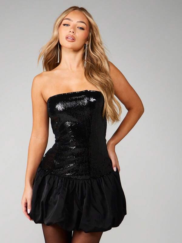 MISSGUIDED Christmas Sequin Bandeau Mini Dress With Bubble Hem
