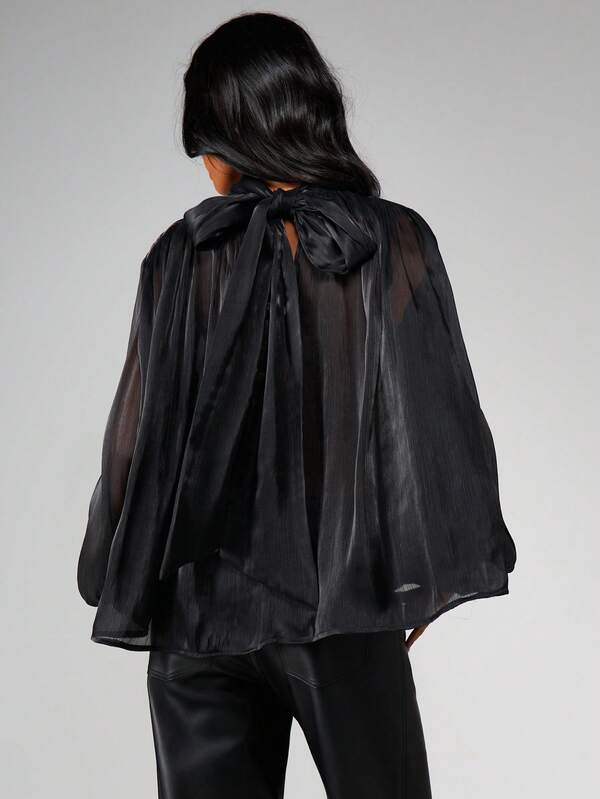 MISSGUIDED Christmas Sheer High Neck Blouse With Tie Detail