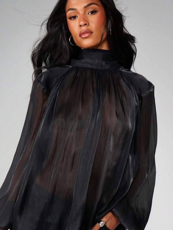 MISSGUIDED Christmas Sheer High Neck Blouse With Tie Detail