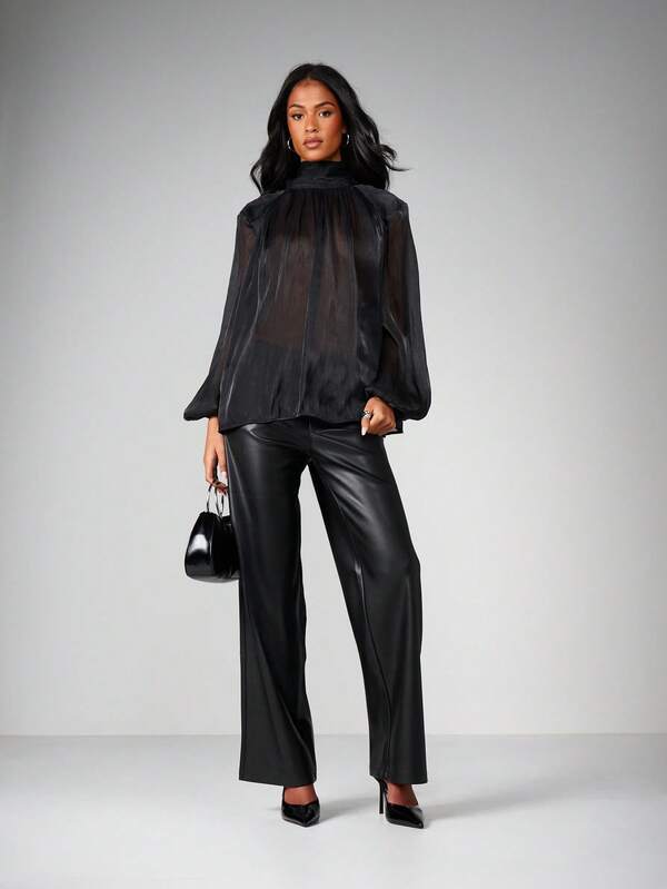MISSGUIDED Christmas Sheer High Neck Blouse With Tie Detail