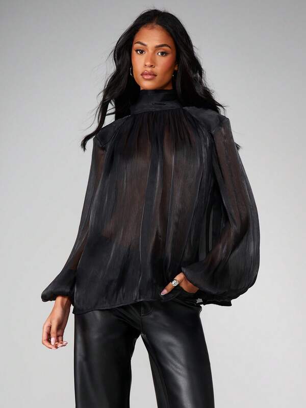 MISSGUIDED Christmas Sheer High Neck Blouse With Tie Detail