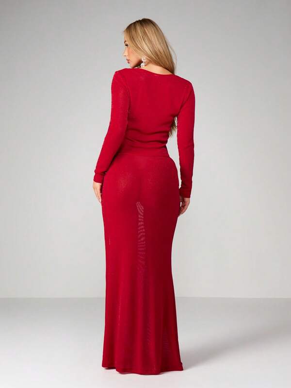 MISSGUIDED Christmas Sparkly Mesh Long Sleeve Crop Top And Maxi Skirt Set