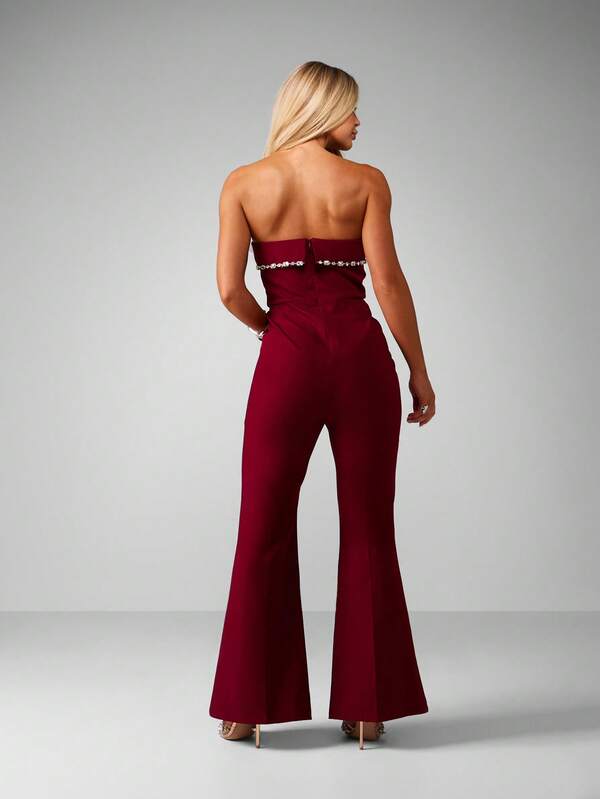 MISSGUIDED Christmas Strapless Bandeau Jumpsuit With Crystal Belt