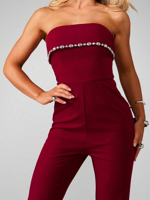 MISSGUIDED Christmas Strapless Bandeau Jumpsuit With Crystal Belt