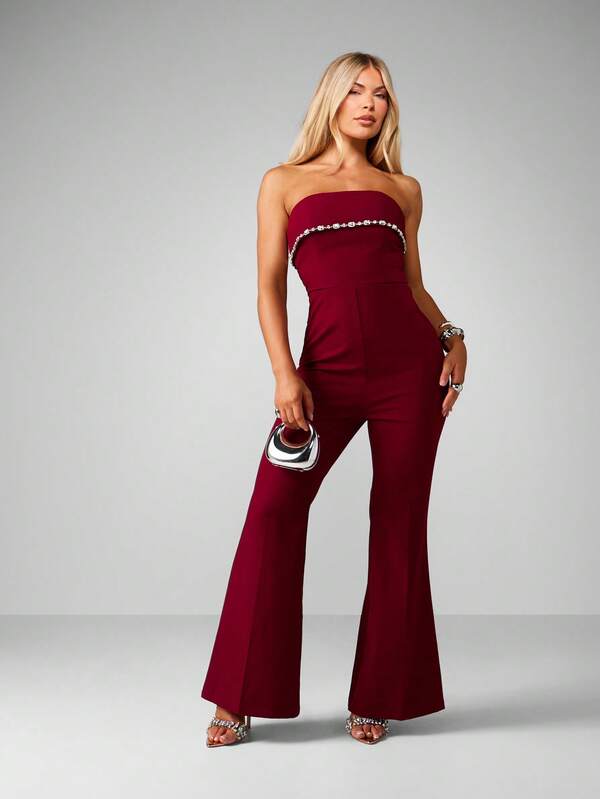 MISSGUIDED Christmas Strapless Bandeau Jumpsuit With Crystal Belt