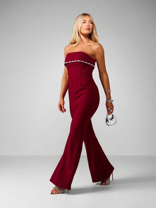 MISSGUIDED Christmas Strapless Bandeau Jumpsuit With Crystal Belt