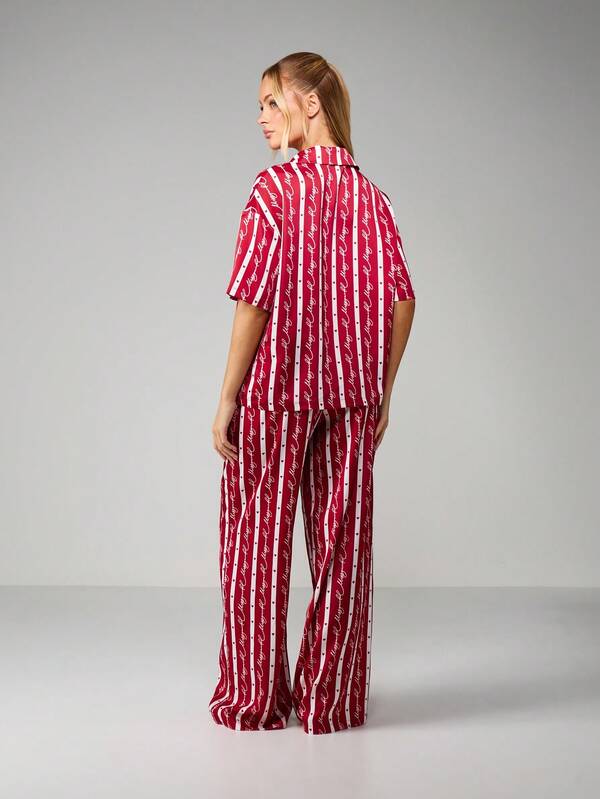 MISSGUIDED Christmas Striped Button Front Pajama Set