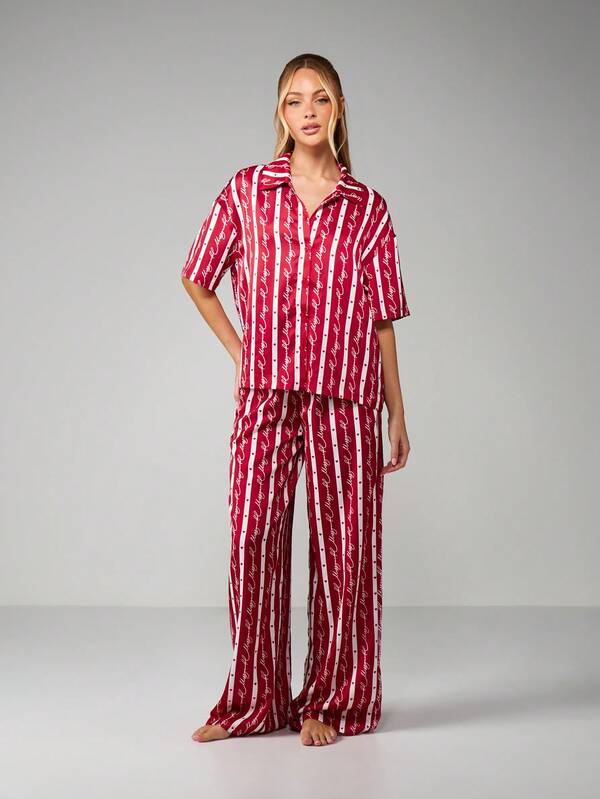MISSGUIDED Christmas Striped Button Front Pajama Set