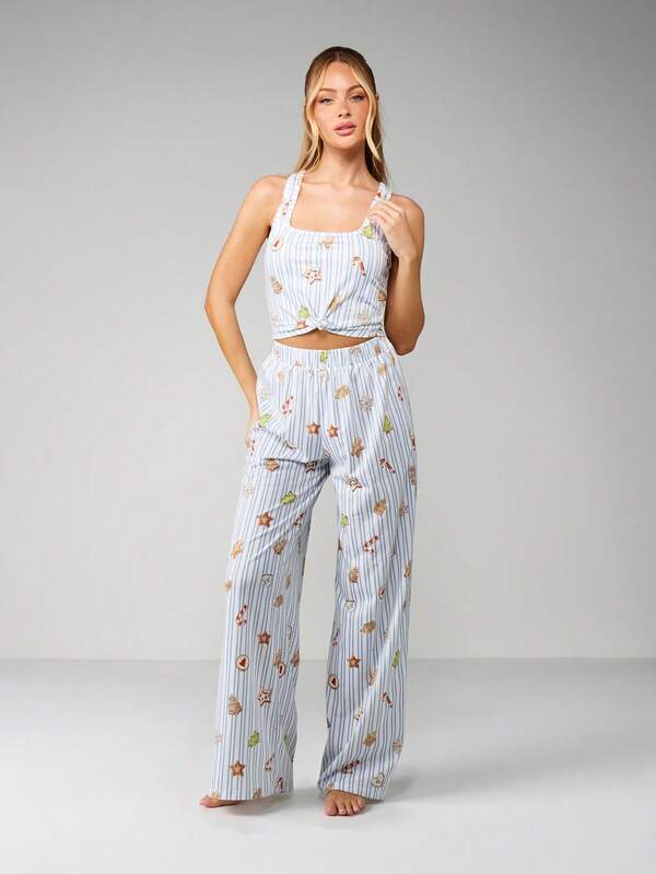 MISSGUIDED Christmas Striped Crop Tank With Wide Leg Pants