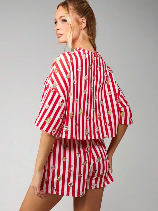 MISSGUIDED Christmas Striped Crop Top With Gingerbread Shorts Set