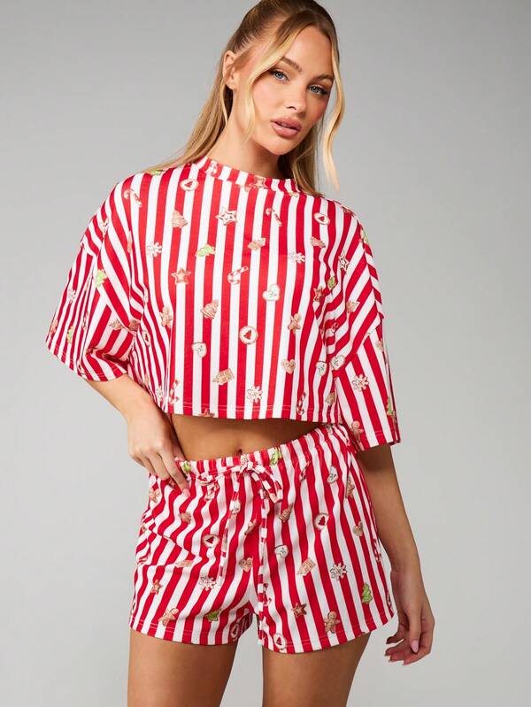 MISSGUIDED Christmas Striped Crop Top With Gingerbread Shorts Set