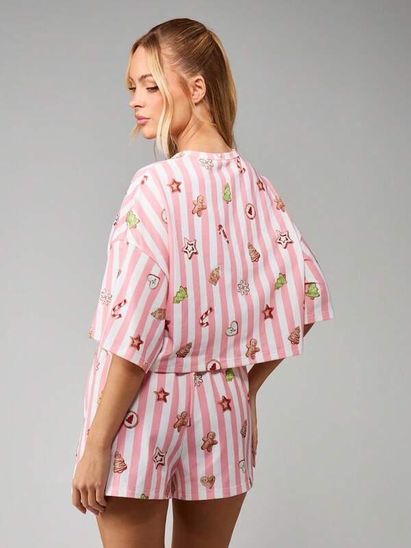 MISSGUIDED Christmas Striped Pajama Set With Holiday Icons