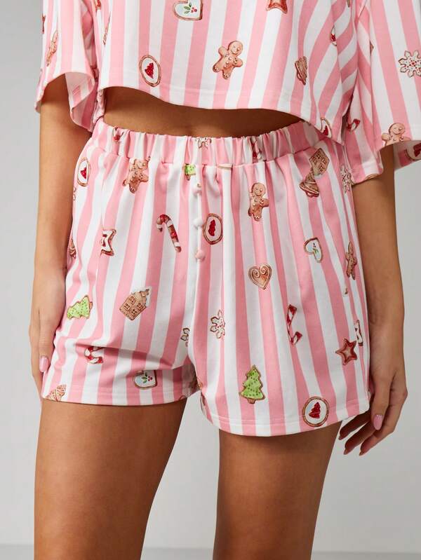 MISSGUIDED Christmas Striped Pajama Set With Holiday Icons