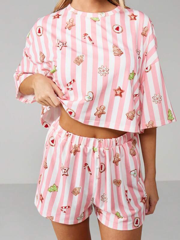 MISSGUIDED Christmas Striped Pajama Set With Holiday Icons