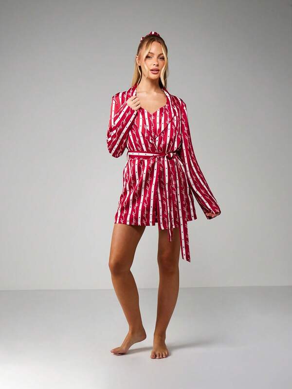 MISSGUIDED Christmas Striped Robe With Belt Tie