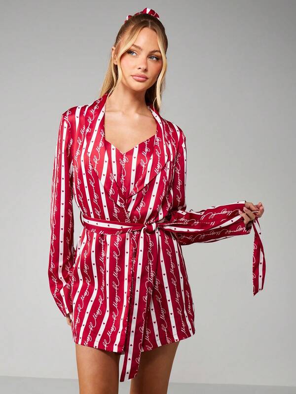 MISSGUIDED Christmas Striped Robe With Belt Tie